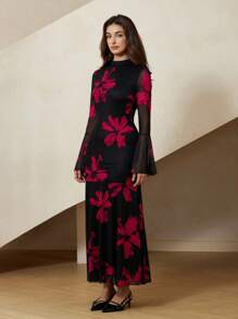 Aveloria Rosie Elegant French Style Floral Print Black Bodycon Dress With Flared Sleeves And Mesh Details Dresses For Women Elegant  All Over Print For Spring Fall - Hot Pink - View 4