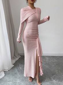 Elenzga 1 件女式纹理设计长袖针织连衣裙