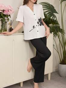 玫瑰花印花休闲短袖上衣和裤子女士睡衣套装 - 彩色 - 查看 6