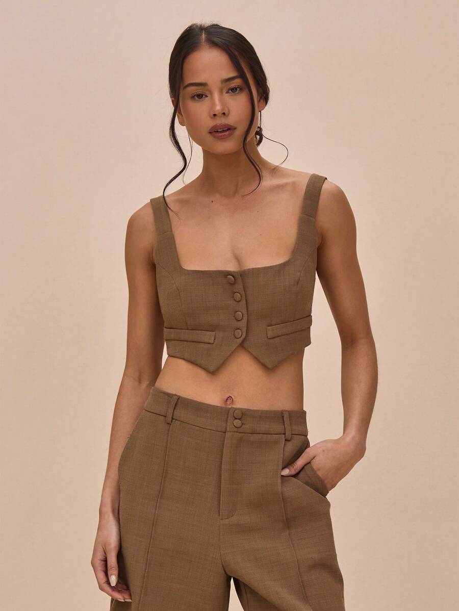 MUSERA Square Neck Button Up Extreme Cropped Waistcoat For Springs Summer Tops Cute - Brown - View 1