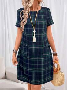 EMERY ROSE Women's Casual Plaid Pattern Double Pocket Short Dress, Spring/Summer - Green - View 2