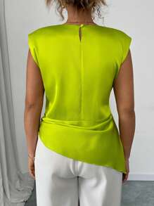 Elenzga Blusa de moda de cuello redondo con nudo y bajo asimétrico en color verde neón para mujer de talla grande