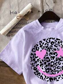 SHEIN Leap Crew Tween Girl Casual Minimalist Short Sleeve Round Neck T-Shirt, Suitable For Spring And Summer - Purple - View 3