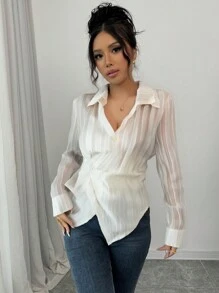 Modelyn Women's Turn Down Collar Long Sleeve Single-Breasted Casual Shirt - Beige - View 2