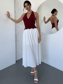 Firerie Women's Elegant Colorblock Halter V-Neck Dress, Suitable For Casual Daily Wear
