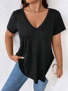 EMERY ROSE Plus Size Women V-Neck Short Sleeve Casual Loose T-Shirt - Grey - View 6