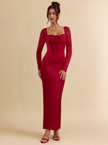 SHEIN BAE Robe de style princesse à l'épaule dégagée, à volants en dentelle florale, avec garniture florale sur la poitrine et style fluide, convenant pour la Saint-Valentin, les fêtes, les rendez-vous romantiques, les demoiselles d'honneur, le bal de promo, le port quotidien. Robe rose mini pour anniversaire - Rose bonbon - Voir 4