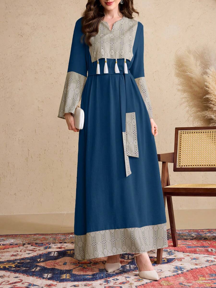 Al Najma Women's Elegant Arabic Style Splice Fringe Sleeve Long Dress, Arabian Dresses,Modest - Navy Blue - View 1