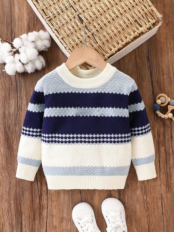 SHEIN Pull épais en tricot pour garçons bébés, col rond, motif rayé bicolore, chaud et à la mode, convient pour le casual, le port quotidien, l'extérieur, les vacances, l'automne-hiver