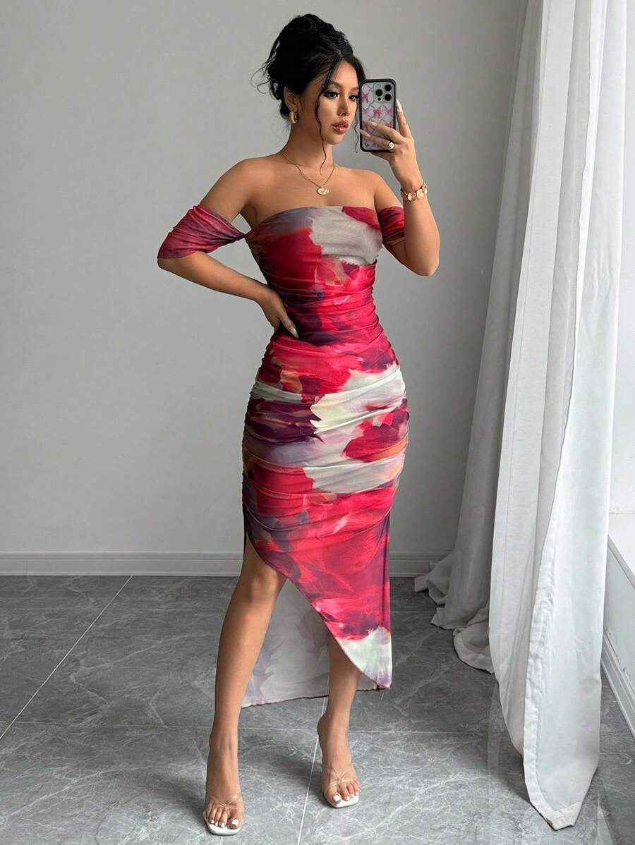 Elenzga Damska letnia sukienka maxi dopasowana z kwiatowym nadrukiem i odkrytymi ramionami, rozcięciem po bokach i nadrukiem kwiatowym na Nowy Rok - Czerwony - Zobacz 1