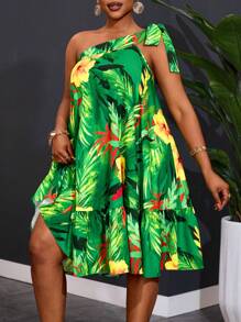 Slaydiva Plus Size New 2025 Casual Olive Flower Print Faux-One Shoulder Ruffle Hem A-Line Summer Dress, Vacation Casual Spring/Summer - Multicolor - View 5