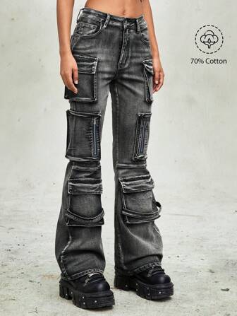 Grunge Punk Jeans versátiles de patas acampanadas para mujer, con estilo punk del páramo, con múltiples bolsillos, desgastados y con efecto lavado en gris