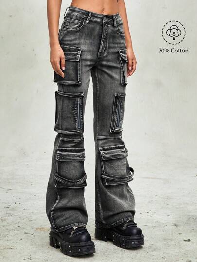 Grunge Punk Jeans a zampa di elefante versatili di stile punk da donna, effetto lavato, con tasche multiple, stile Wasteland Kpop, di colore grigio