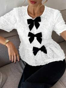 SHEIN Frenchy Women's Bow Decor Short Sleeve Ruffle Hem Fashion Blouse Summer White