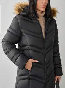 EURMUSE Women Solid Color Soft Touch Hooded Detailed Long Winter Coat Women's Clothes Work Outfits Winter Clothes For Women Winter Outfits For Women Winter Clothes Long Winter Coat For Women's Winter Coats Long Puffer Coat With Hood Women's Puffer Jacket Winter Jacket For Women - Black - View 6