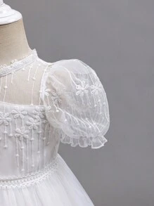 SHEIN Glamorique Kids 女宝宝春夏圆领刺绣荷叶边泡泡袖网眼礼服，公主风格婚礼 - 白色 - 查看 5