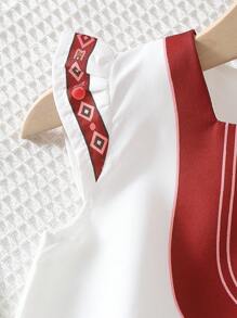 SHEIN 女婴杏色和红色花卉印花前系带背心和裤子 2 件套服装，夏季 - 白色 - 查看 4