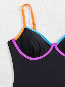 Swim SPRTY Women 2 Pieces Set, Solid Color Contrast Binding Push Up Strap Tie Front One Piece & Wrap Skirt Beach Outfit For Summer Holiday - Black - View 4