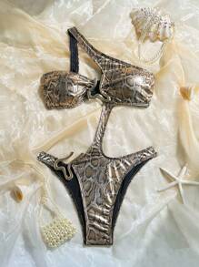 SHEIN Swim Costum de baie dintr-o bucată, sexy, cu imprimeu de piele de șarpe, decolteu asimetric, fără sârmă, croială înaltă, cu gol, pentru femei
