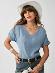 SHEIN LUNE 女性夏季純色紋理V領蝙蝠袖襯衫 - 藍色 - 查看 1