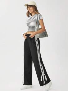 SHEIN LUNE Summer Casual  Western Clothes For Women Women's Black Side Striped Lace Trim Casual Straight Leg Pants - Black - View 5