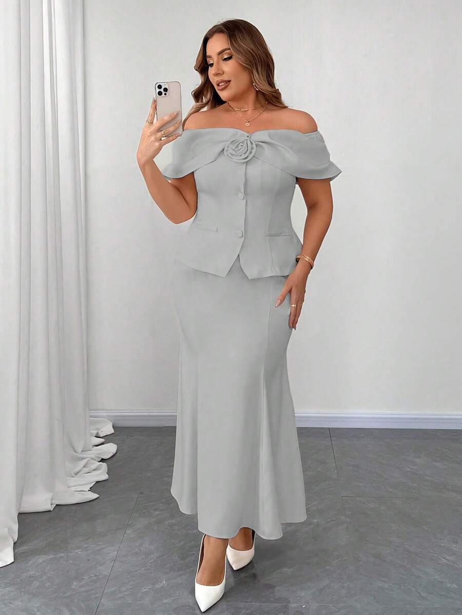 Flirla Bộ 2 món trang trí hoa hở vai cỡ lớn cho nữ và chân váy viền cao thấp thanh lịch - Xám - Xem 1