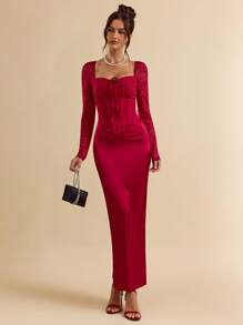 SHEIN BAE Robe de style princesse à l'épaule dégagée, à volants en dentelle florale, avec garniture florale sur la poitrine et style fluide, convenant pour la Saint-Valentin, les fêtes, les rendez-vous romantiques, les demoiselles d'honneur, le bal de promo, le port quotidien. Robe rose mini pour anniversaire - Rose bonbon - Voir 1
