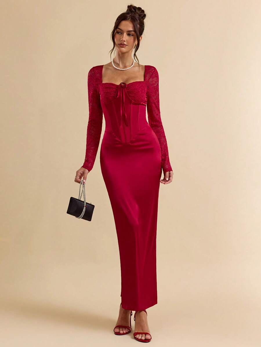 SHEIN BAE Robe de style princesse à l'épaule dégagée, à volants en dentelle florale, avec garniture florale sur la poitrine et style fluide, convenant pour la Saint-Valentin, les fêtes, les rendez-vous romantiques, les demoiselles d'honneur, le bal de promo, le port quotidien. Robe rose mini pour anniversaire - Rose bonbon - Voir 1