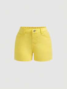 SHEIN Jeune fille 2025 Nouveaux shorts en jean jaune à taille élastique, Vêtements de vacances décontractés de printemps et d'été pour jeune fille, Plage pour jeune fille, Tenue de rue occidentale pour fille, Vacances de printemps, Shorts en jean pour festival rave - Jaune citron - Voir 1