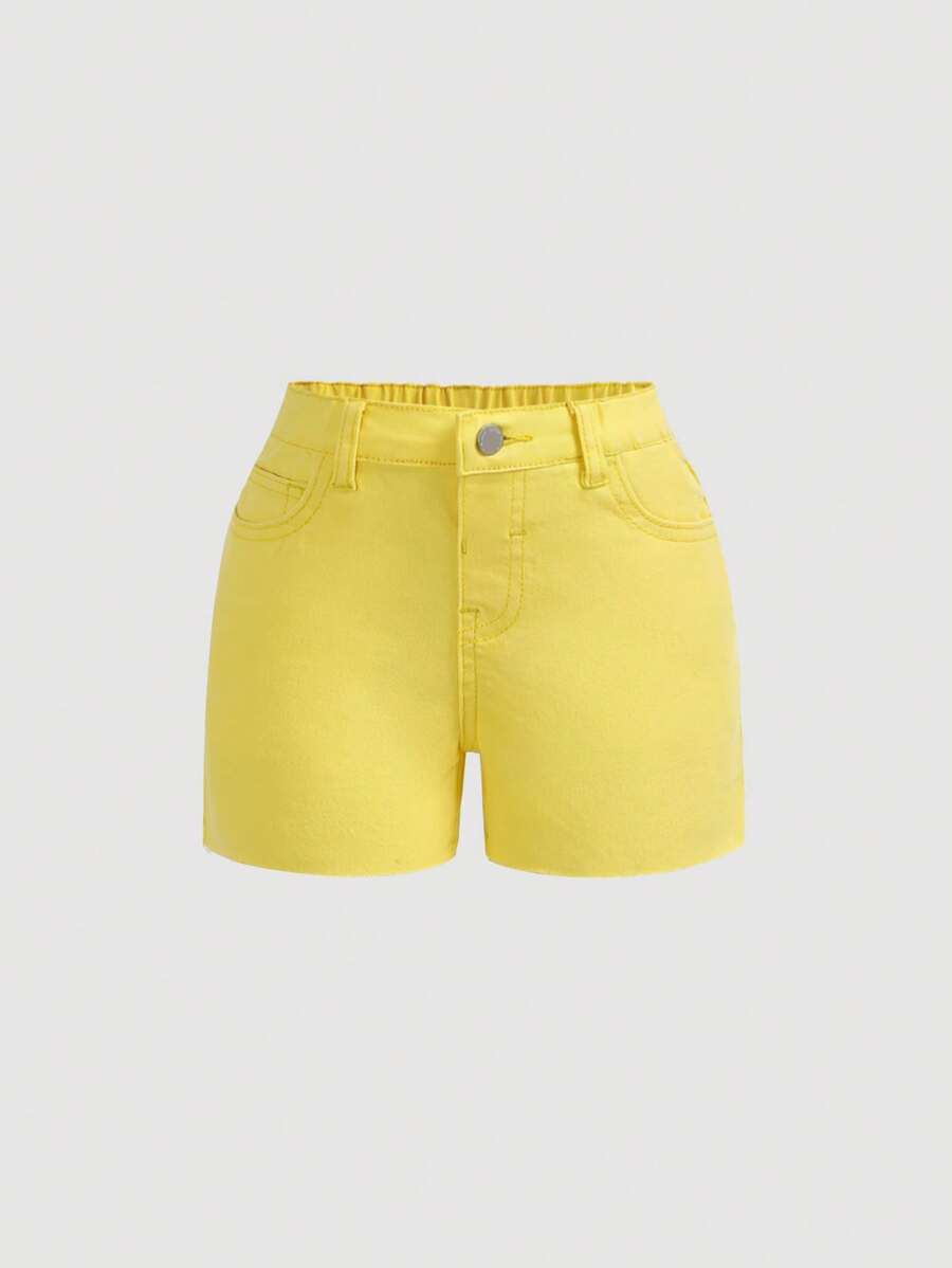 SHEIN Jeune fille 2025 Nouveaux shorts en jean jaune à taille élastique, Vêtements de vacances décontractés de printemps et d'été pour jeune fille, Plage pour jeune fille, Tenue de rue occidentale pour fille, Vacances de printemps, Shorts en jean pour festival rave - Jaune citron - Voir 1