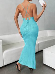 Chiquease Sexy Elegant Crochet Floral Pattern Backless Tie-Up Fish Tail Maxi Slip Dress For Dates - Blue - View 3