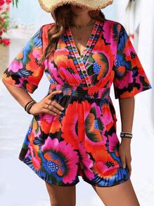 Breezaya Mono de cintura con estampado floral vintage y cuello en V, de moda para usar en primavera y verano de resort