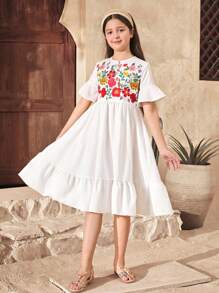 SHEIN Tween Girls Casual Vacation Embroidered Ruched Flared Sleeve A-Line Woven Solid Color Dress - White - View 5