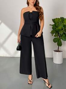 Firerie 2pcs/Set Plus Size Women Casual Elegant Ruched Waist Zipper Collar Blouse And Straight Leg Pants, Suitable For Work, Commute, And Vacation - Black - View 7