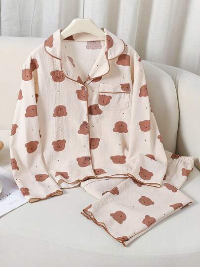 2pcs Spring Outfit For Tween Girls: Beige Teddy Bear Print Long Sleeve Cardigan And Pants Leisure Home Suit, Comfortable