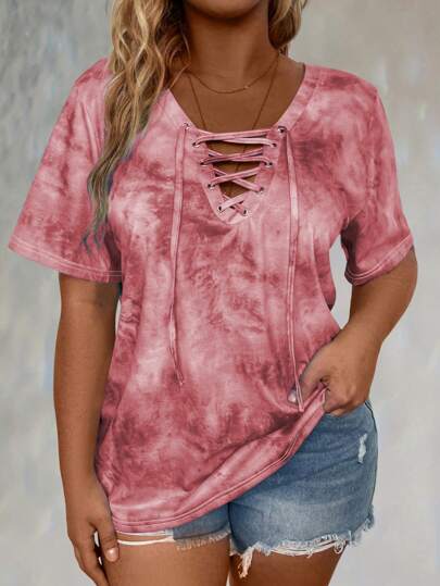 SHEIN LUNE Plus Tie Dye Lace Up Front Tee Graphic Tees Women Tops