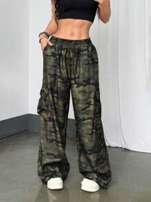 StreetHx Women's Drawstring Waist Elastic Waist Loose Pocket Camo Pants Fall Cloth For Women