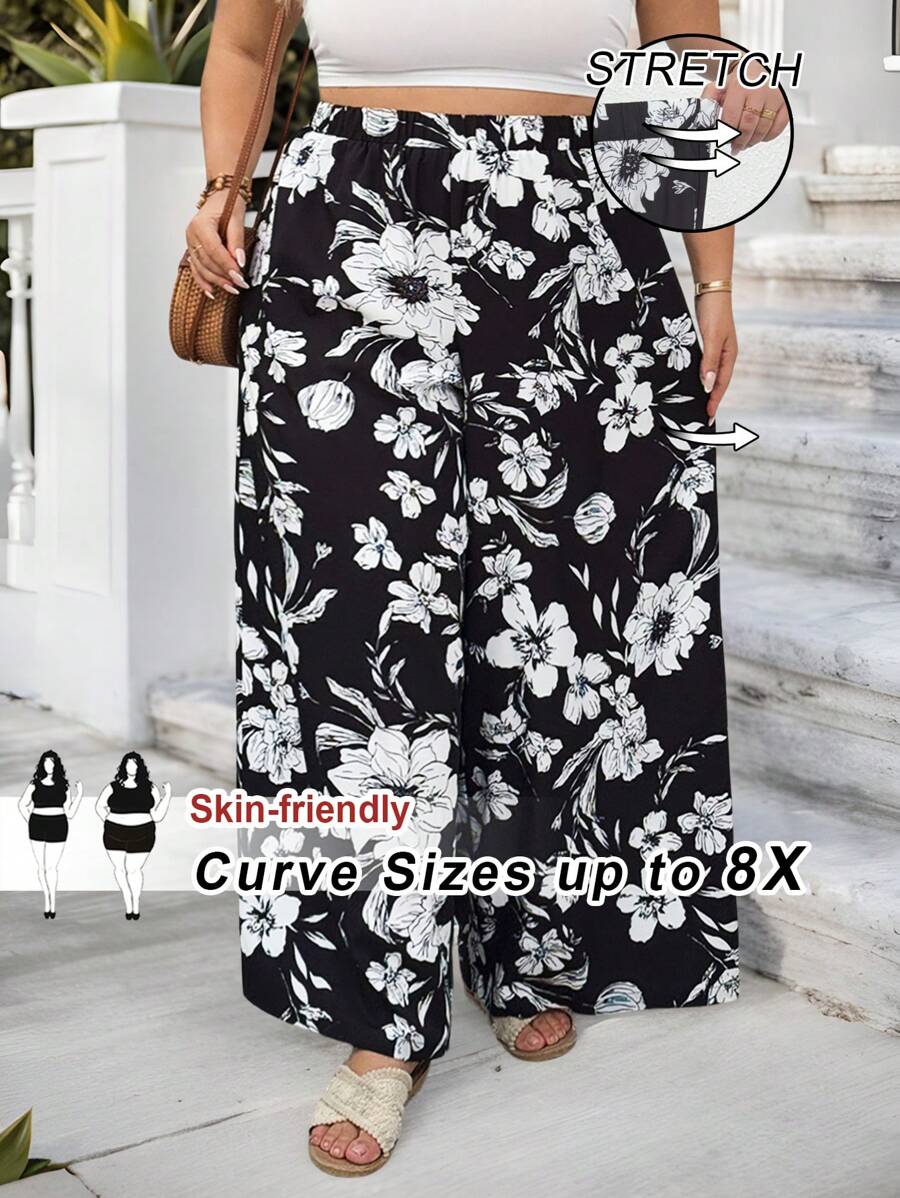 SHEIN CURVE+ Large Romantic Spring/Summer Vacation Woven Printed High Waist Wide Leg Women's Pants Boho Vacation - Multicolor - View 1