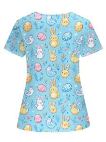 PopScrub Easter Colorful Cartoon Pattern Blue Hand Wash Clothes Cartoon Rabbit Short Sleeve Nurse Uniform Top  Animal Cartoon Pattern Short Sleeve V Neck Double Pocket Top Nurse Women's Top Scrub Top Print V Neck Frosted Scrub Top, Casual Short Sleeve Work Wear, Women Sweetheart V-Neck Ruched Blouse, Women Short Sleeve V-Neck Nurse Uniform Shirt With 2 Pockets, Soft Stretchy Ruched Graphic Tee - Blue - View 4