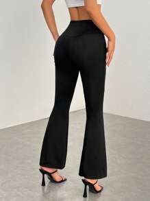 SHEIN PETITE Simple Solid Color Wrap High Elastic Knitted High Waist Flared Pants Pure Black Two-Piece - Black - View 2
