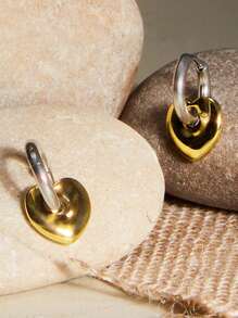 Pendientes desmontables con forma de corazón clásicos y retro para mujeres, colgante con forma de corazón de acero inoxidable resistente a la decoloración, elegante y sencillo, clips de oreja con bloques de color, joyería de regalo de San Valentín, Navidad e invierno - Multicolor - Ver 2