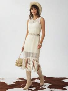 SHEIN LUNE Women's Crew Neck Sleeveless Lined Crochet Tassel Trim Long Vacation Casual Dress - Apricot - View 3