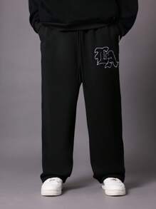 SUMWON 低裆慢跑运动裤优质羊毛街头运动裤，带刺绣标志弹性袖口，舒适休闲冬季运动服训练裤休闲都市风格 - 黑色 - 查看 2