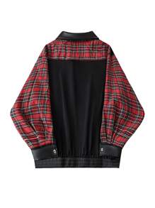SHEIN MOOSTA 大码女式黑色皮革拼接红色格子面料摩托车街头夹克 - 黑色 - 查看 6