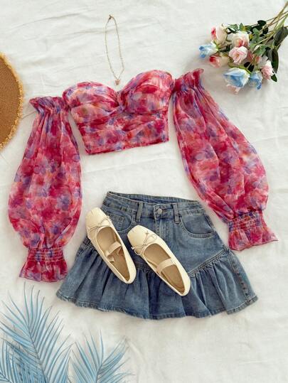 Soleia Women's Casual Romantic Watercolor Floral Print Off Shoulder Twist Lantern Sleeve Organza Blouse, Suitable For Vacation, Easter, Graduation, Wedding, Back To School, Party, Lunch, Garden Tea, Date, Valentine's Day