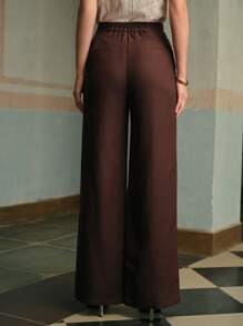 ZEYLAH Women's Elegant Faux Pearl Pocket Wide Leg Linen Pants - Coffee Brown - View 5