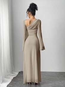 Siren Gaze 女士纯色撞色网眼不对称领口长袖优雅连衣裙，春/秋