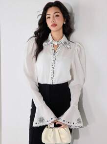 Modelyn Women's Hollowed-Out Collar, Scallop Trim, Bell Sleeve, Pearl Button, Embroidered Blouse