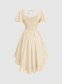 SHEIN MOD Women's Solid Color Sweetheart Neckline Cross Tie Rod Ruffle Edge Asymmetric Vintage Hem Dress - Apricot - View 2