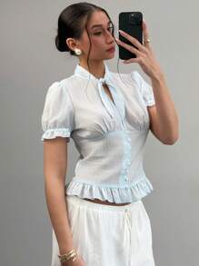 Aloruh Camiseta casual de verano con cuello fruncido y mangas de globo de color liso, decorada para mujer, color azul claro con botones - Amarillo - Ver 1